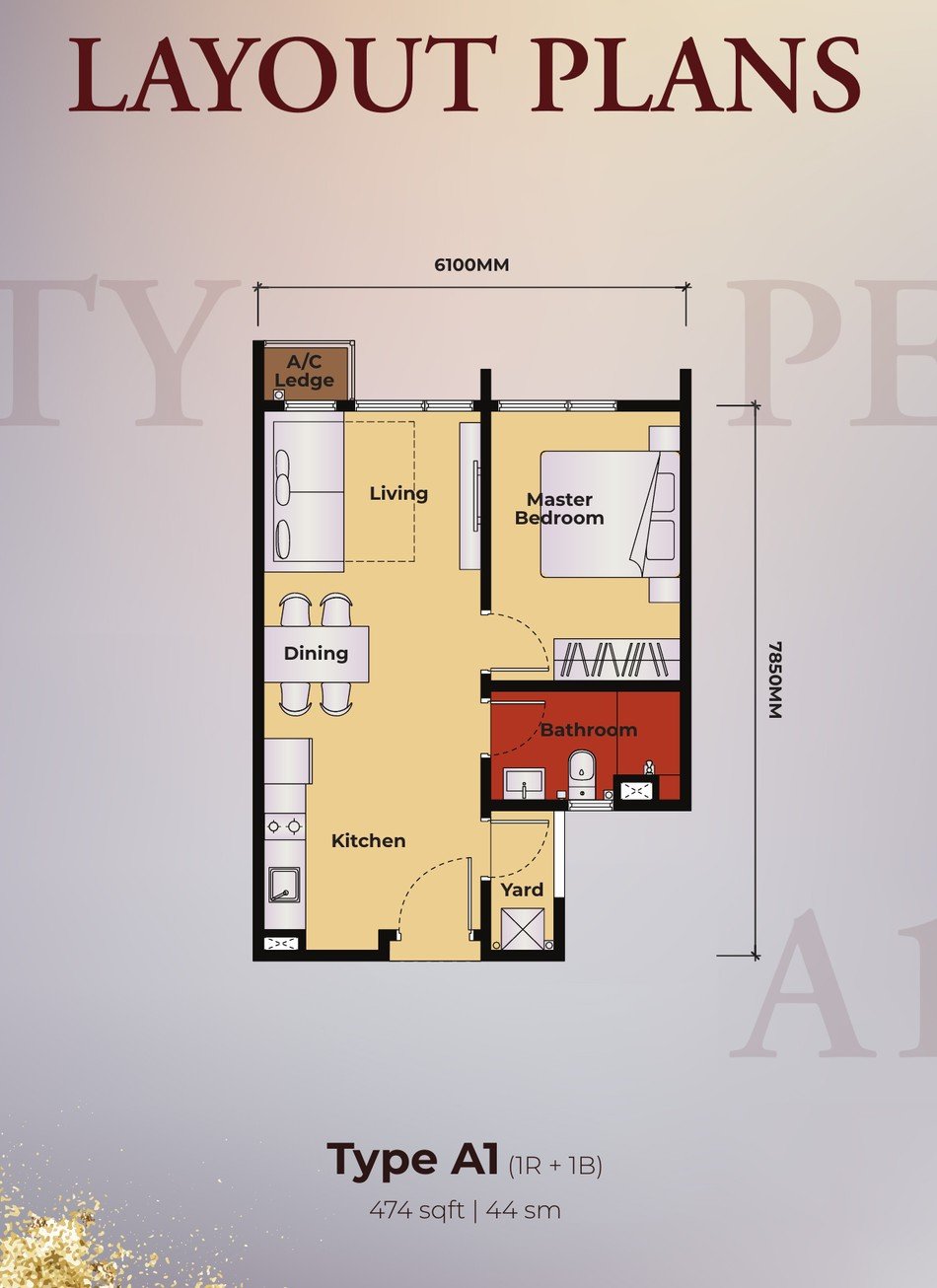 Kingswoodz Type A1 floor plan, 474 sq ft, 1 room 1 bath