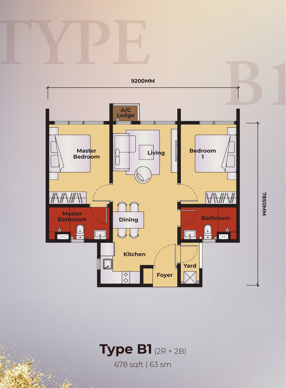 Kingswoodz Type B1 floor plan, 678 sq ft, 2 rooms 2 bath