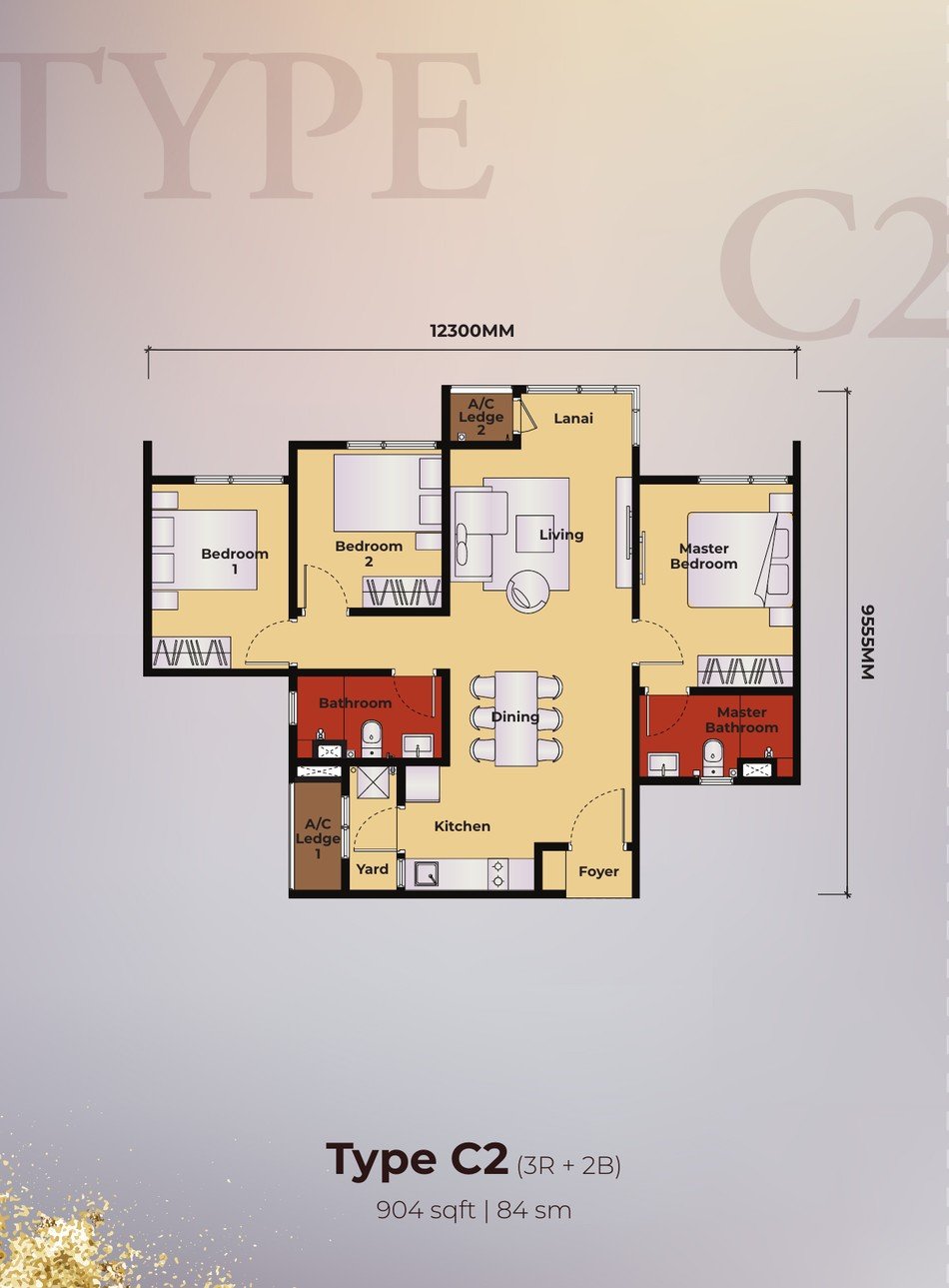 Kingswoodz Type C2 floor plan, 904 sq ft, 3 rooms 2 bath, mirror layout