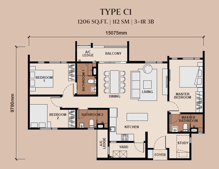Queenswoodz Type C1 floor plan, 1206 sq ft, 3+1 rooms 3 bath