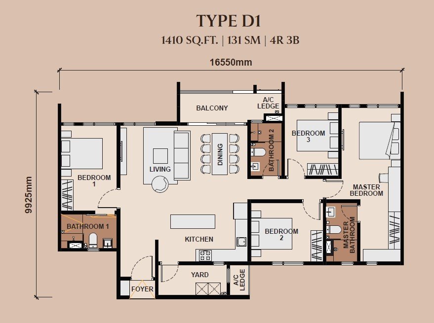 Queenswoodz Type D1 floor plan, 1410 sq ft, 4 rooms 3 bath